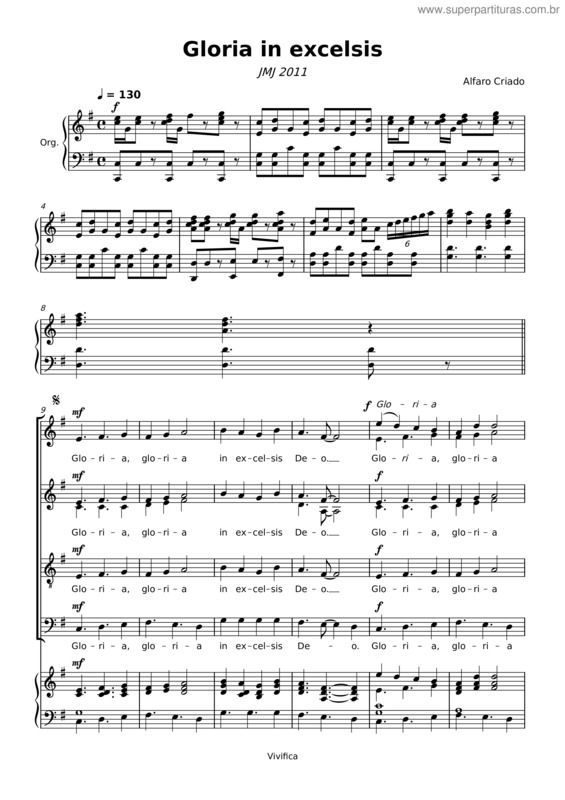 Partitura da música Gloria In Excelsis Deo – Alfaro Criado Gloria In Excelsis Jmj 2011 [Voz_Orgao]